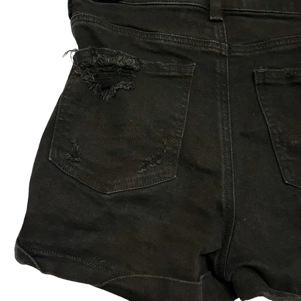 AMERICAN EAGLE MOM SHORTS Solid Black Zip Fly High Rise Roll Cuff Jeans Denim 4